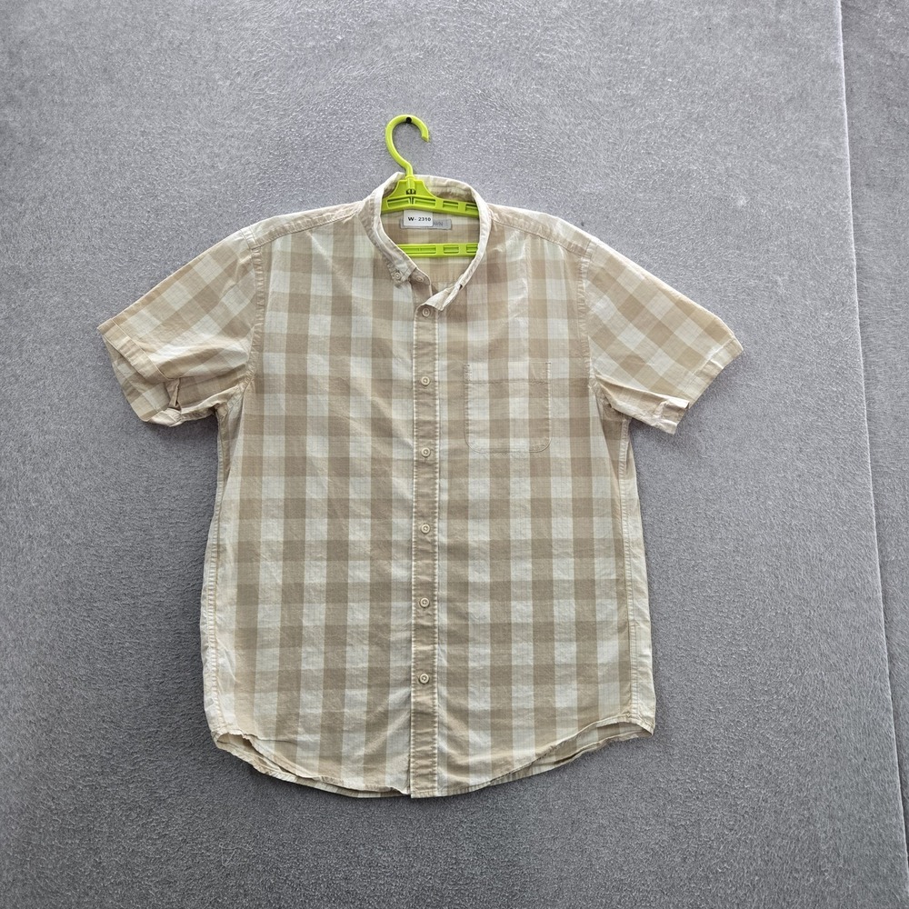 Outerknown Men Button Up Shirt L Beige Plaid Short Sleeve Logo